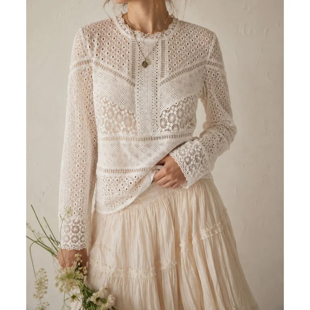 Anthropologie James Coviello White Lace Eyelet Top XS Romantic Victorian Boho